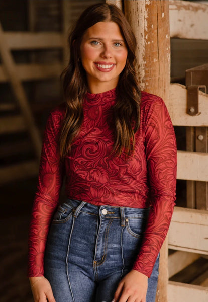 Tooled In Red Mesh Top