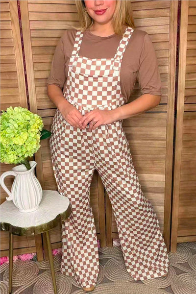 Brown White Checker One Piece Casual Women Jumpsuit