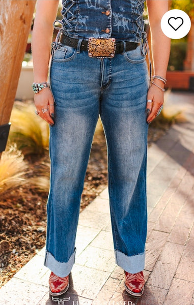 Mid Wash Stretch Denim High Rise Trouser Folded Jeans (32in After Fold Inseam)