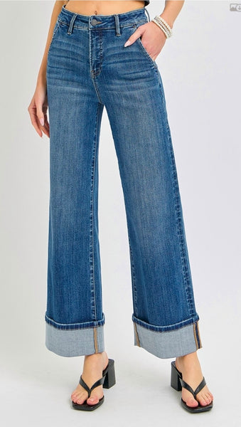 Tummy Control High Rise Ankle Wide Cuffed Jeans