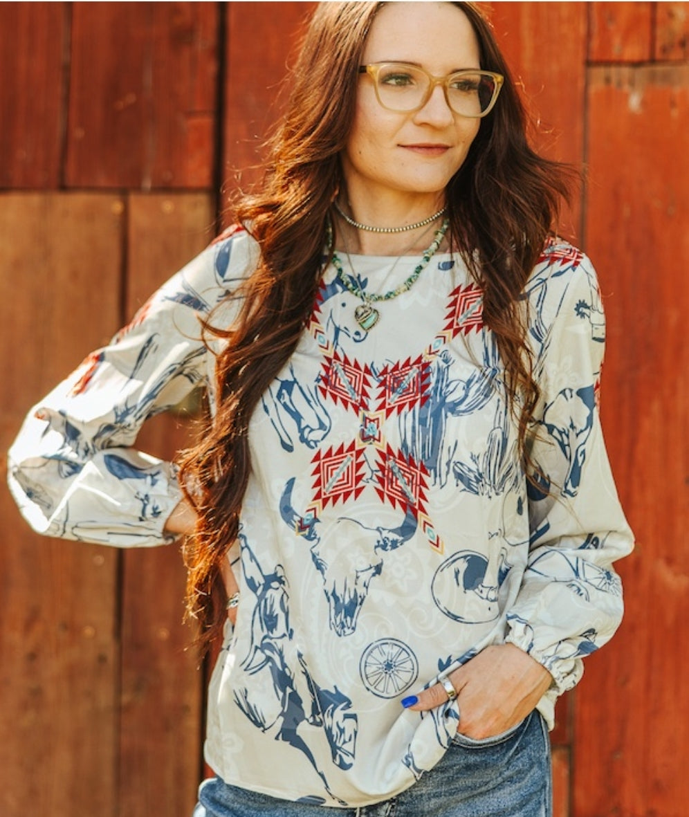 Ivory Western Printed Long Sleeve Elastic Cuff Top