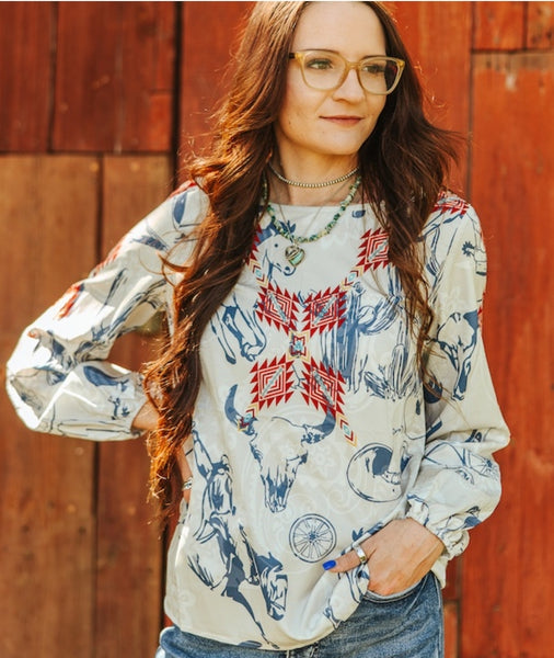 Ivory Western Printed Long Sleeve Elastic Cuff Top