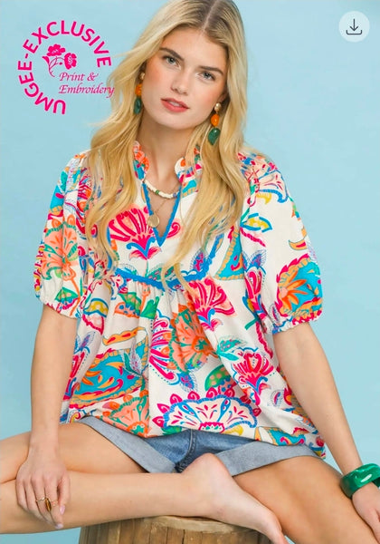 Paisley Print Babydoll Top - Cream Mix