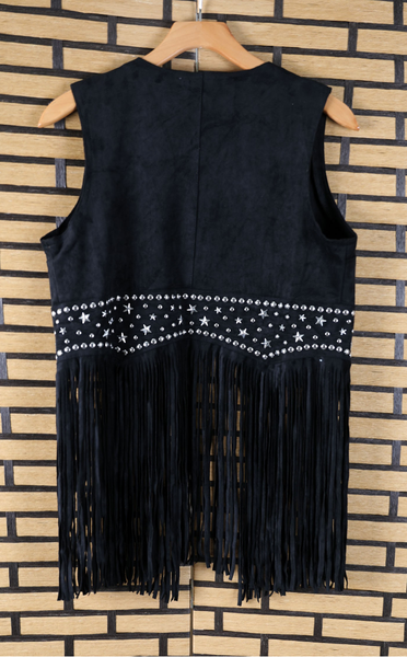 Suede Silver Studded Fringe Vest - Black