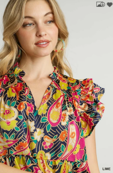 Ruffle V-Neck Paisley Print A-Line Dress with Flutter Sleeves - Lime