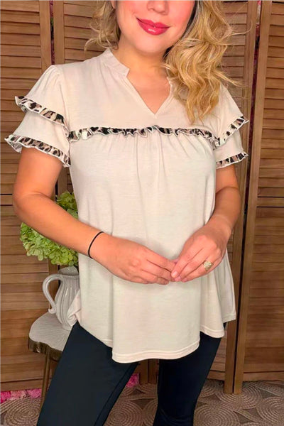 Beige & Leopard Printed Double Ruffle Short Sleeve