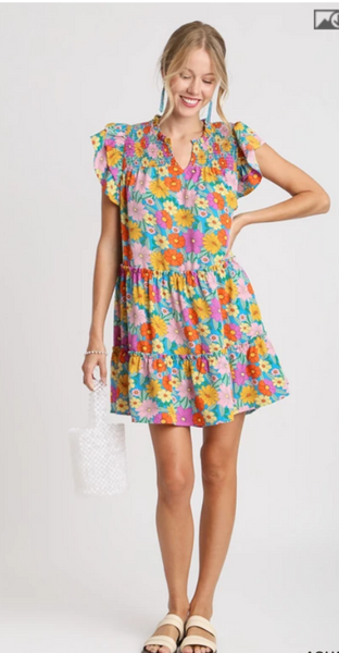 V-Notched Floral Print Dress with Double Layered Ruffle Sleeve - Aqua Mix