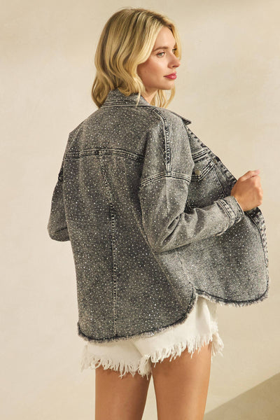 Sparkling Rhinestone Denim Jacket - Medium black/Gray wash