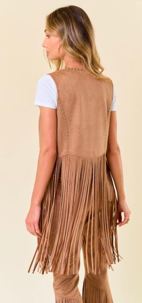 Studded Long Fringe Faux Suede Vest - Tan