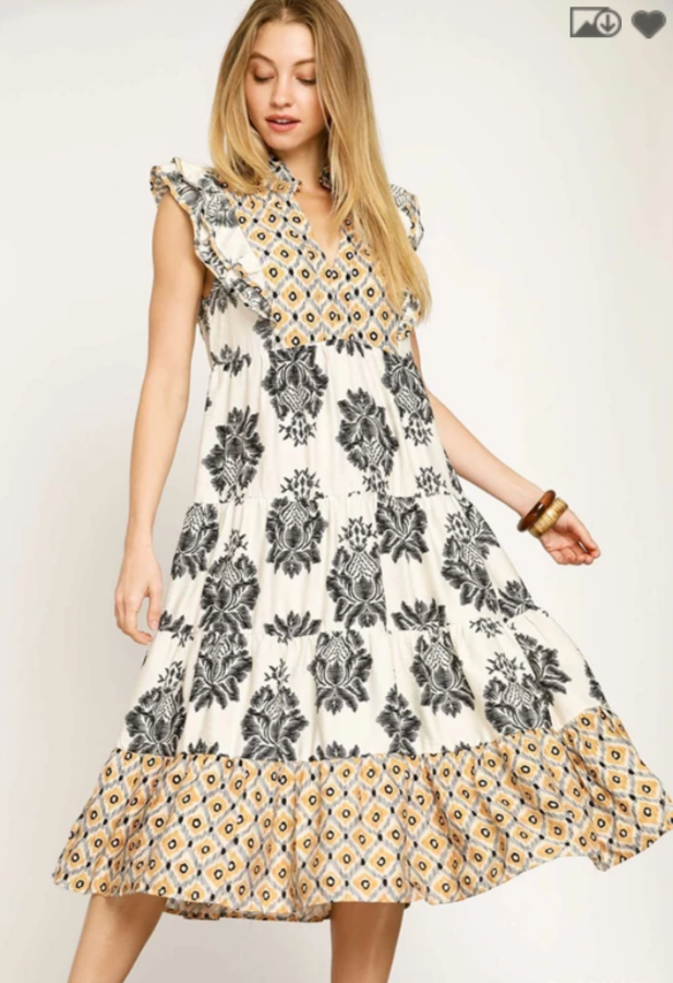 Ruffle Sleeve Mixed Print Midi Dress - Black Mix