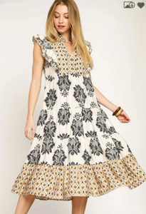 Ruffle Sleeve Mixed Print Midi Dress - Black Mix