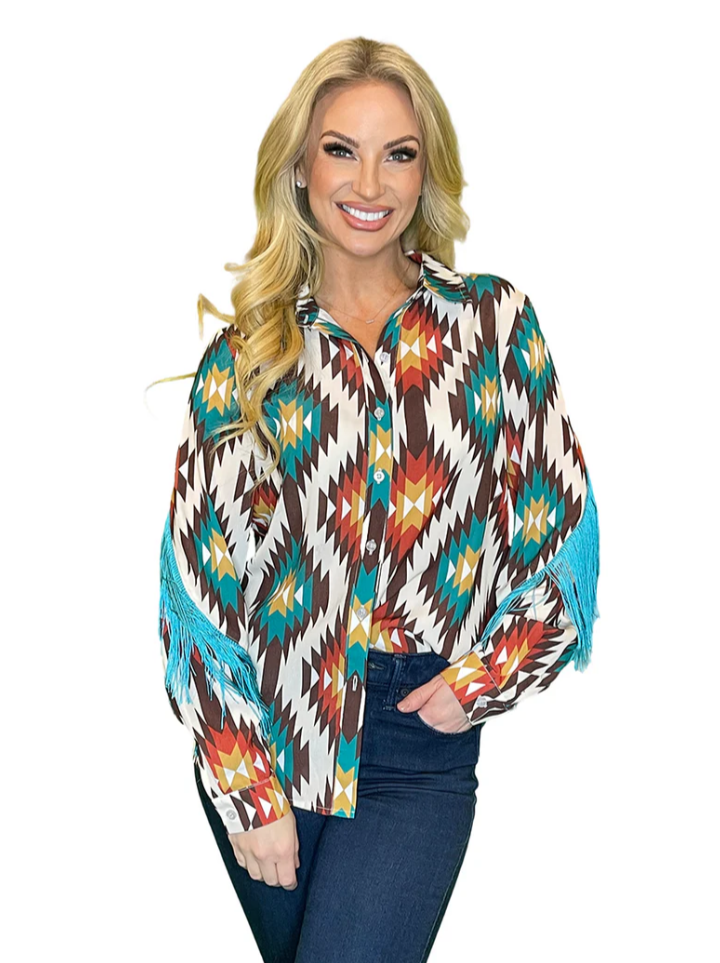 Bright Aztec Long Sleeve Fringe Top