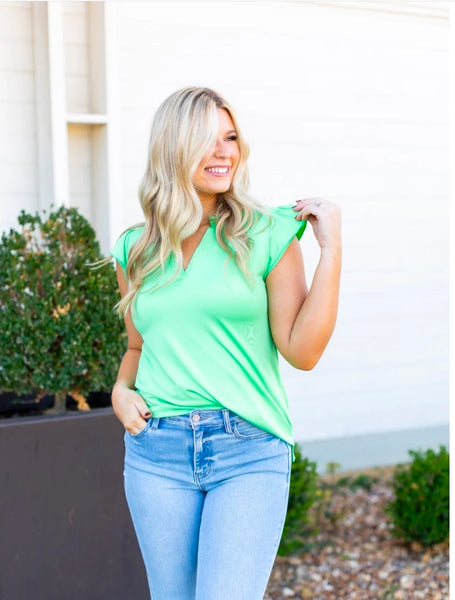 The Nicole Vneck Top  - Lime Green