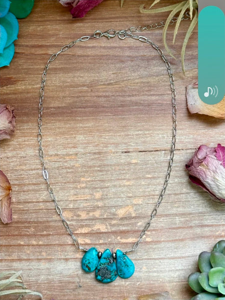 15” Turquoise Teardrop Chain Necklace – Silver Plated Paperclip