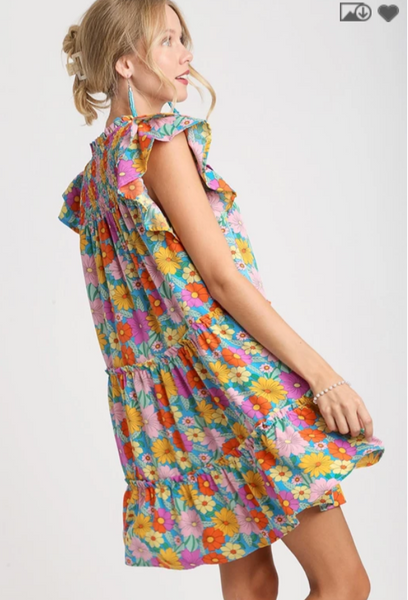 V-Notched Floral Print Dress with Double Layered Ruffle Sleeve - Aqua Mix