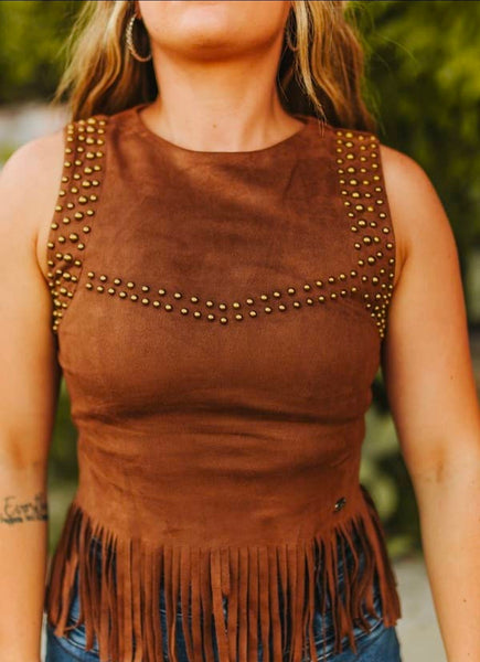 Brown Studded Fringe Hem Suede Sleeveless Top