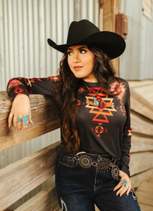 Black Red Aztec Print Long Sleeve Top