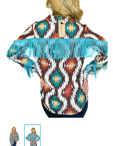 Bright Aztec Long Sleeve Fringe Top