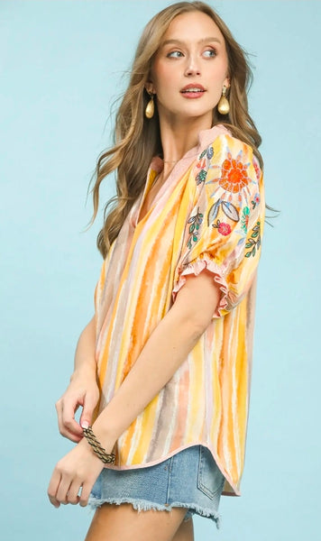 Embroidered Puff Sleeve Striped V-Neck Boho Blouse - Honey Mix