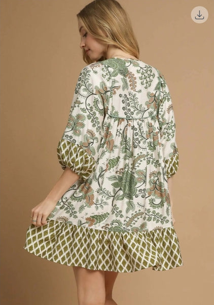 Mixed Print Mini Dress - Sage