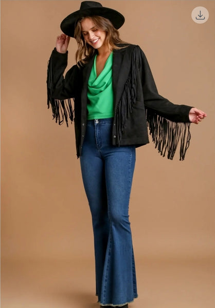 Suede Fringe Snap Button Jacket & Side Pockets
