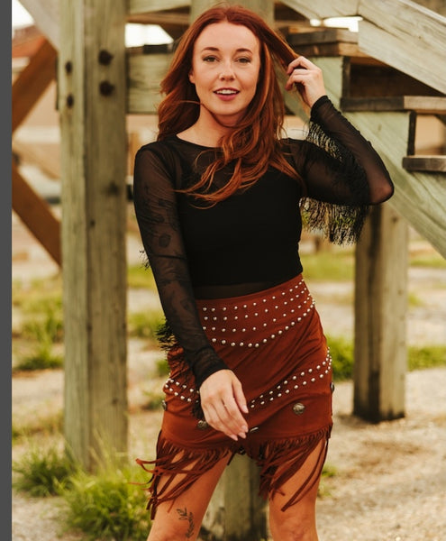 Black Mesh Long Sleeve Fringe Western Bodysuit
