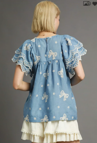 Vintage Charm Embroidered Denim Top - Light Denim