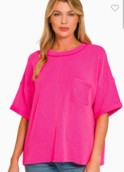 Ribbed Short Sleeve Front Pocket Top - Hot Pink