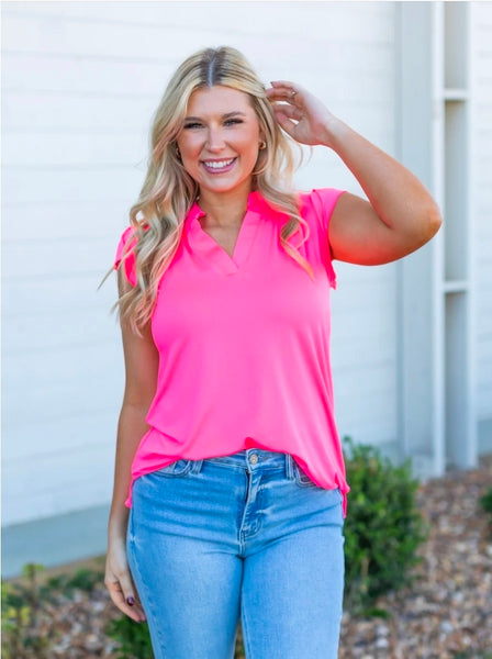 The Nicole Vneck Top  - Neon Pink