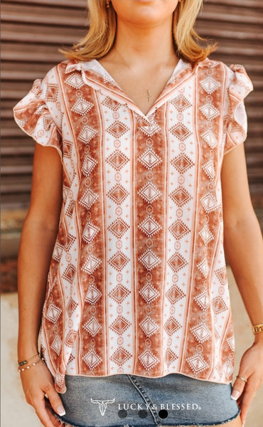 Rust Aztec Short Sleeve V-Neck Ruffle Sleeve Top