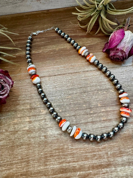 Spiny Oyster &amp; Sterling Silver Pearl Necklace – 8mm 17.5"