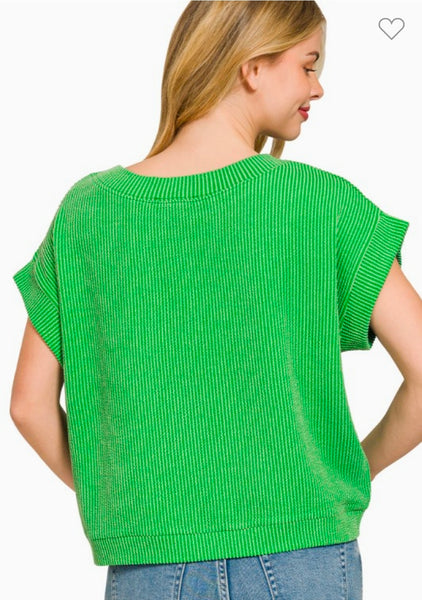 Ribbed Cap Sleeve Top- Kelly Green