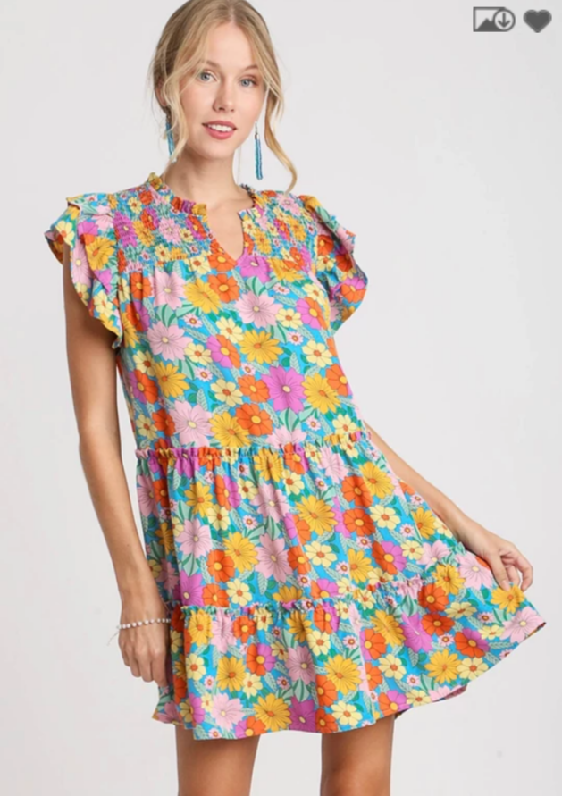 V-Notched Floral Print Dress with Double Layered Ruffle Sleeve - Aqua Mix