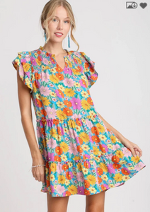 V-Notched Floral Print Dress with Double Layered Ruffle Sleeve - Aqua Mix