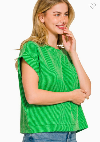Ribbed Cap Sleeve Top- Kelly Green