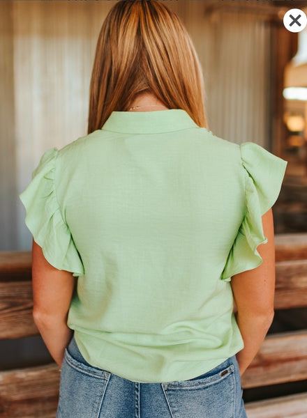 Pistachio Collared Button Down Ruffle Short Sleeve Top