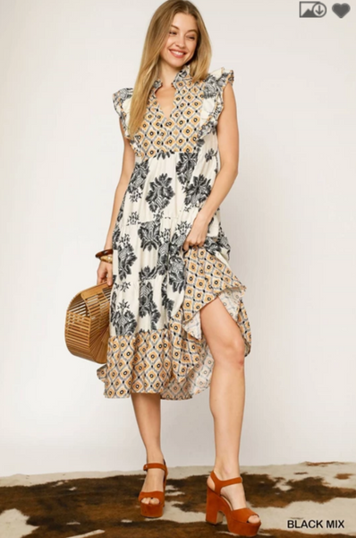 Ruffle Sleeve Mixed Print Midi Dress - Black Mix