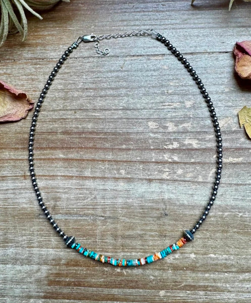 Sterling Silver Pearl Choker with Extra Turquoise & Spiny Oyster