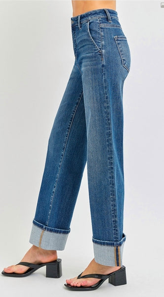 Tummy Control High Rise Ankle Wide Cuffed Jeans