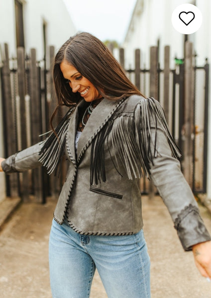 Black/Gray Worn Leather Jacket Hand Stitched Fringe Jacke