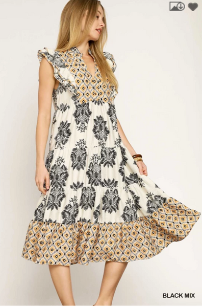 Ruffle Sleeve Mixed Print Midi Dress - Black Mix