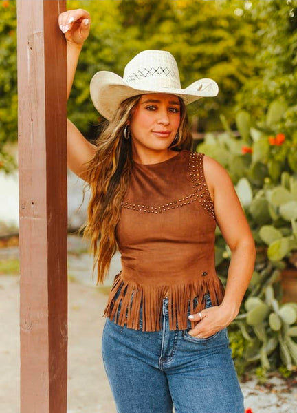 Brown Studded Fringe Hem Suede Sleeveless Top