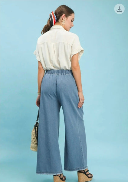 Stone Washed Wide Leg Pants - Lt. Denim