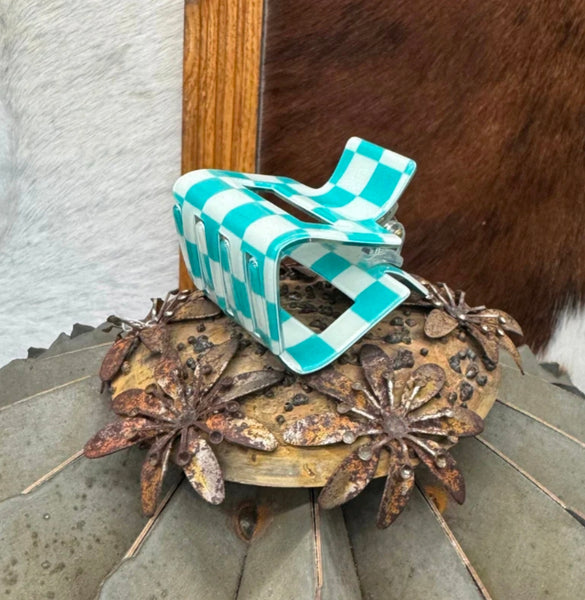 Mini Checked Funky Turquoise Clip