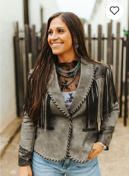 Black/Gray Worn Leather Jacket Hand Stitched Fringe Jacke