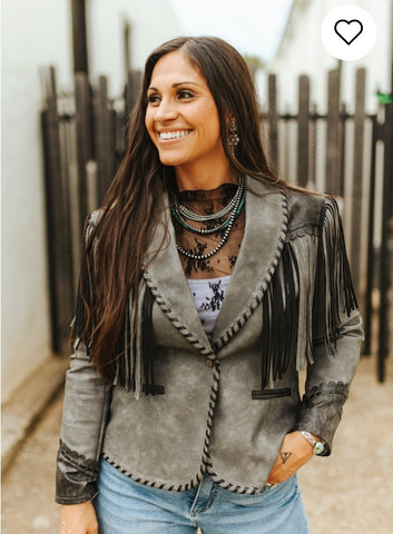 Black/Gray Worn Leather Jacket Hand Stitched Fringe Jacke