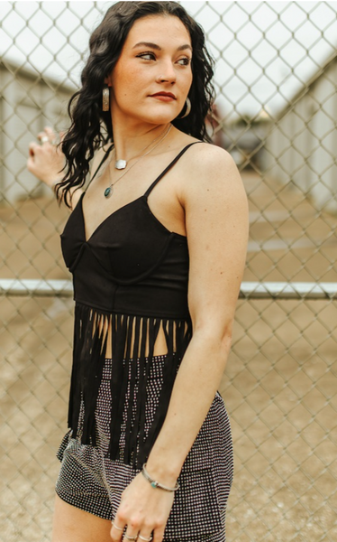 Black Stretch Suede Corset Fringe Hem Top