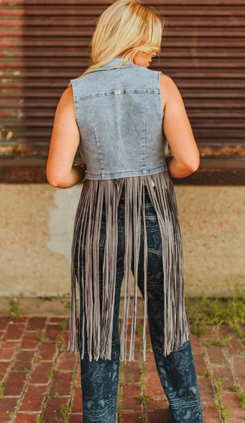 Stone Wash Denim Fringe Denim Vest