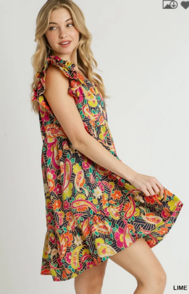 Ruffle V-Neck Paisley Print A-Line Dress with Flutter Sleeves - Lime