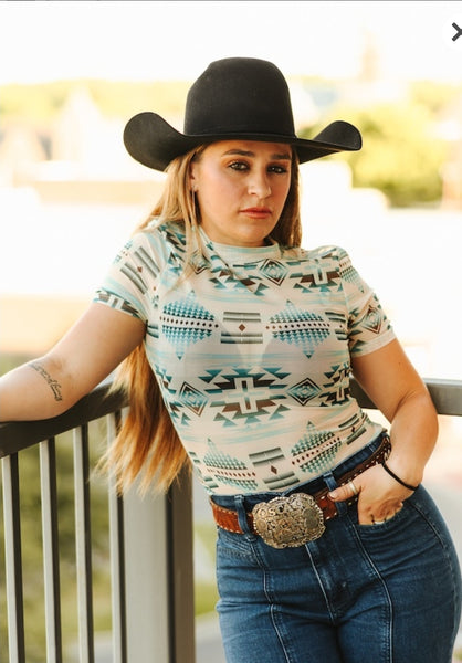 Ivory Aztec Short Sleeve Mesh Top